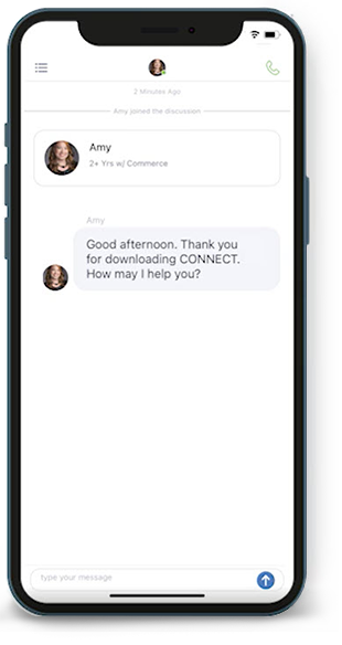 Commerce CONNECT(R) app chat with a banker feature